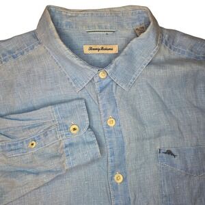 Tommy Bahama Men's XL Blue Linen Blend Button Down Shirt Embroidered Island Fish